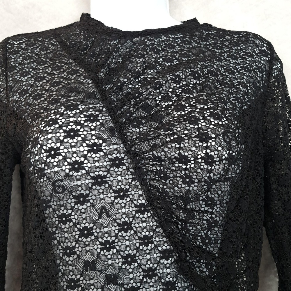 Ganni Lace Top Womens Medium Black Floral Sheer Long Sleeve Ruched - Picture 2 of 16